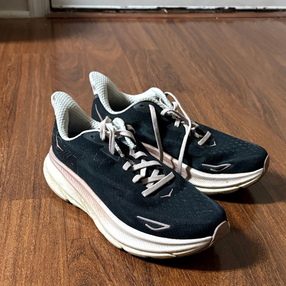 Black, Pink, and Cream Hoka Clifton 9